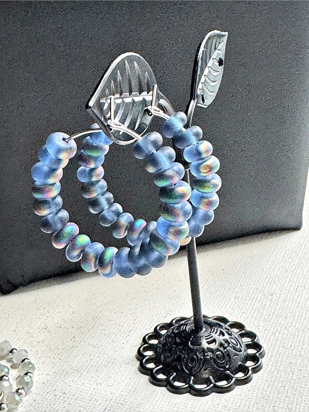 Iridescent Beaded Hoop Earrings in Blue & Green